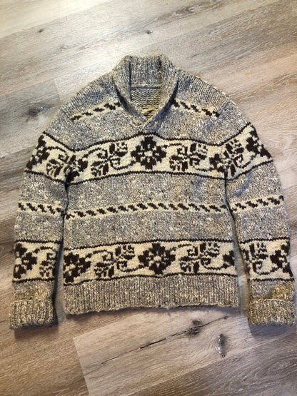 Kingspier Vintage - Cowichan style pullover sweater in grey, beige and dark brown with floral design and collar. Size medium/ large.