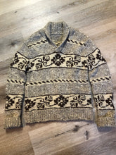 Load image into Gallery viewer, Kingspier Vintage - Cowichan style pullover sweater in grey, beige and dark brown with floral design and collar. Size medium/ large.
