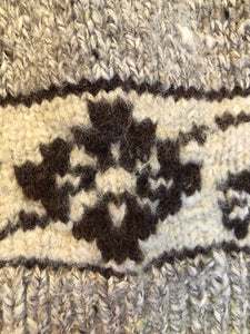 Kingspier Vintage - Cowichan style pullover sweater in grey, beige and dark brown with floral design and collar. Size medium/ large.