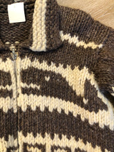 Load image into Gallery viewer, Kingspier Vintage - Cowichan style hand spun, hand knit zip cardigan in taupe brown and cream with whale pattern. Size medium.
