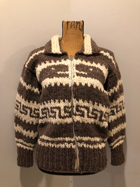 Kingspier Vintage - Cowichan style hand spun, hand knit zip cardigan in taupe brown and cream with whale pattern. Size medium.