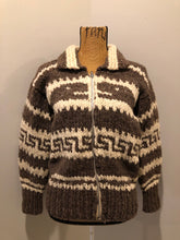 Load image into Gallery viewer, Kingspier Vintage - Cowichan style hand spun, hand knit zip cardigan in taupe brown and cream with whale pattern. Size medium.
