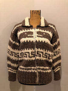 Kingspier Vintage - Cowichan style hand spun, hand knit zip cardigan in taupe brown and cream with whale pattern. Size medium.