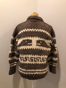 Kingspier Vintage - Cowichan style hand spun, hand knit zip cardigan in taupe brown and cream with whale pattern. Size medium.