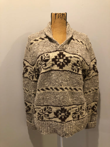 Kingspier Vintage - Cowichan style pullover sweater in grey, beige and dark brown with floral design and collar. Size medium/ large.