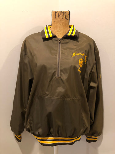Kingspier Vintage - Havenhill High Soccer varsity jacket in brown with yellow stripe, zipper, front pouch pocket, “Havenhill High” written across the back and “Steph” monogram on the arm. Made in the USA. Size large. 