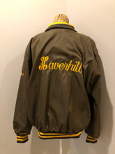 Load image into Gallery viewer, Kingspier Vintage - Havenhill High Soccer varsity jacket in brown with yellow stripe, zipper, front pouch pocket, “Havenhill High” written across the back and “Steph” monogram on the arm. Made in the USA. Size large. 
