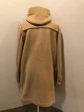 Load image into Gallery viewer, Kingspier Vintage - Gloverall tan wool duffle coat with hood, zipper, wooden toggles and flap pockets. Made in England. Size 42. 
