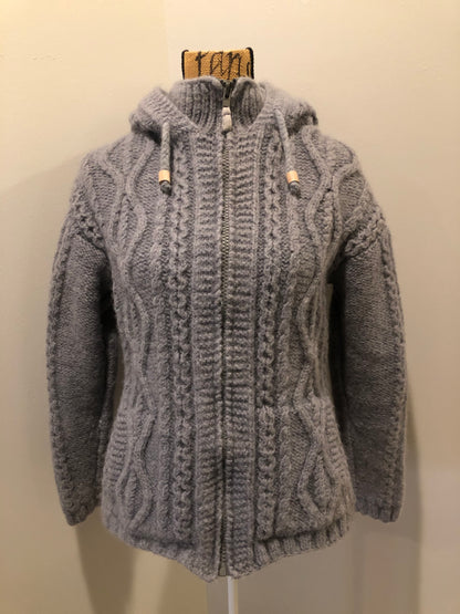 Kingspier Vintage - Laundromat 100% wool cardigan in grey with hood, zipper, vertical pockets and one inside pocket. Fully lined in soft fleece. Made in Nepal.