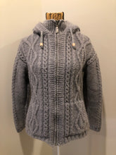 Load image into Gallery viewer, Kingspier Vintage - Laundromat 100% wool cardigan in grey with hood, zipper, vertical pockets and one inside pocket. Fully lined in soft fleece. Made in Nepal.
