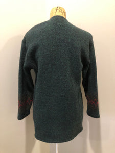 Kingspier Vintage - Deweevers wovens 100% wool cardigan in deep green with red design woven in, patch pockets and silver buttons with floral design. Made in Aylesford, NS. Size medium.