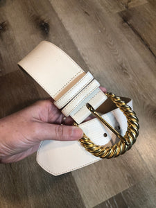 Kingspier Vintage -Vintage Ports International white embossed leather belt with gold buckle, Made in USA. Size small.