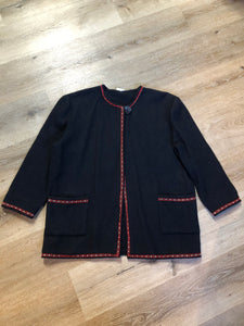 Kingspier Vintage - Black felted wool cardigan with one button closure at the top, patch pockets and tiny flower embroidered trim.