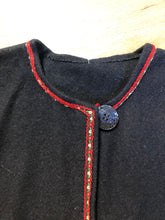 Load image into Gallery viewer, Kingspier Vintage - Black felted wool cardigan with one button closure at the top, patch pockets and tiny flower embroidered trim.
