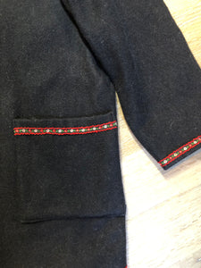 Kingspier Vintage - Black felted wool cardigan with one button closure at the top, patch pockets and tiny flower embroidered trim.