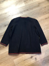 Load image into Gallery viewer, Kingspier Vintage - Black felted wool cardigan with one button closure at the top, patch pockets and tiny flower embroidered trim.
