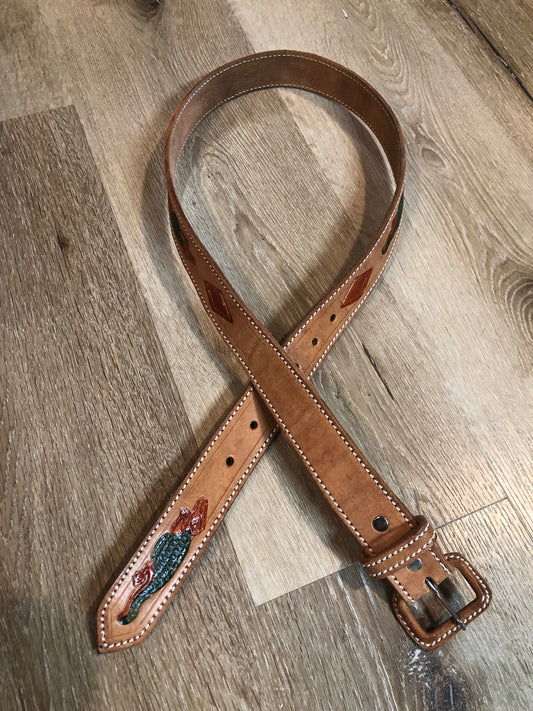 Kingspier Vintage -Vintage handtooled El Salvador brown full grain leather belt with crocodile motif and a leather wrapped buckle.