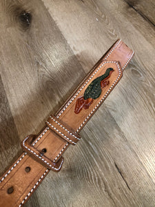 Kingspier Vintage -Vintage handtooled El Salvador brown full grain leather belt with crocodile motif and a leather wrapped buckle.