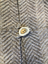 Load image into Gallery viewer, Kingspier Vintage - Daurene Lewis 100% wool hand spun, hand woven and hand made cardigan. The cardigan features two lined patch pockets. two wooden button closures at the top and a wool fringe at the bottom. Made in Annapolis Royal, Nova Scotia.

