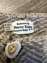 Load image into Gallery viewer, Kingspier Vintage - Daurene Lewis 100% wool hand spun, hand woven and hand made cardigan. The cardigan features two lined patch pockets. two wooden button closures at the top and a wool fringe at the bottom. Made in Annapolis Royal, Nova Scotia.
