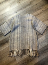 Load image into Gallery viewer, Kingspier Vintage - Daurene Lewis 100% wool hand spun, hand woven and hand made cardigan. The cardigan features two lined patch pockets. two wooden button closures at the top and a wool fringe at the bottom. Made in Annapolis Royal, Nova Scotia.
