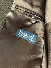 Load image into Gallery viewer, Kingspier Vintage - Protocol brown herringbone 100% pure virgin wool jacket. This jacket is a three button, notch lapel with a breast pocket, one flap pocket, one welt pocket and three inside pockets. Size 42S.
