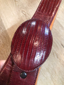 Kingspier Vintage - Vintage red reptile leather snap belt with wrapped buckle.