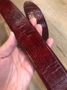 Kingspier Vintage - Vintage red reptile leather snap belt with wrapped buckle.