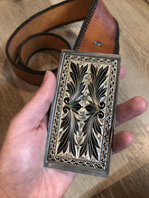 Load image into Gallery viewer, Kingspier Vintage - Vintage western style hand stitched brown full grain leather belt with large silver buckle.
