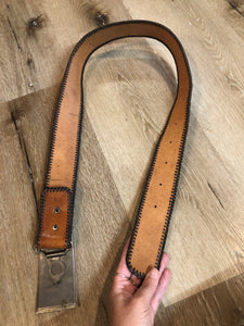 Kingspier Vintage - Vintage western style hand stitched brown full grain leather belt with large silver buckle.