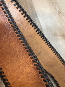 Kingspier Vintage - Vintage western style hand stitched brown full grain leather belt with large silver buckle.