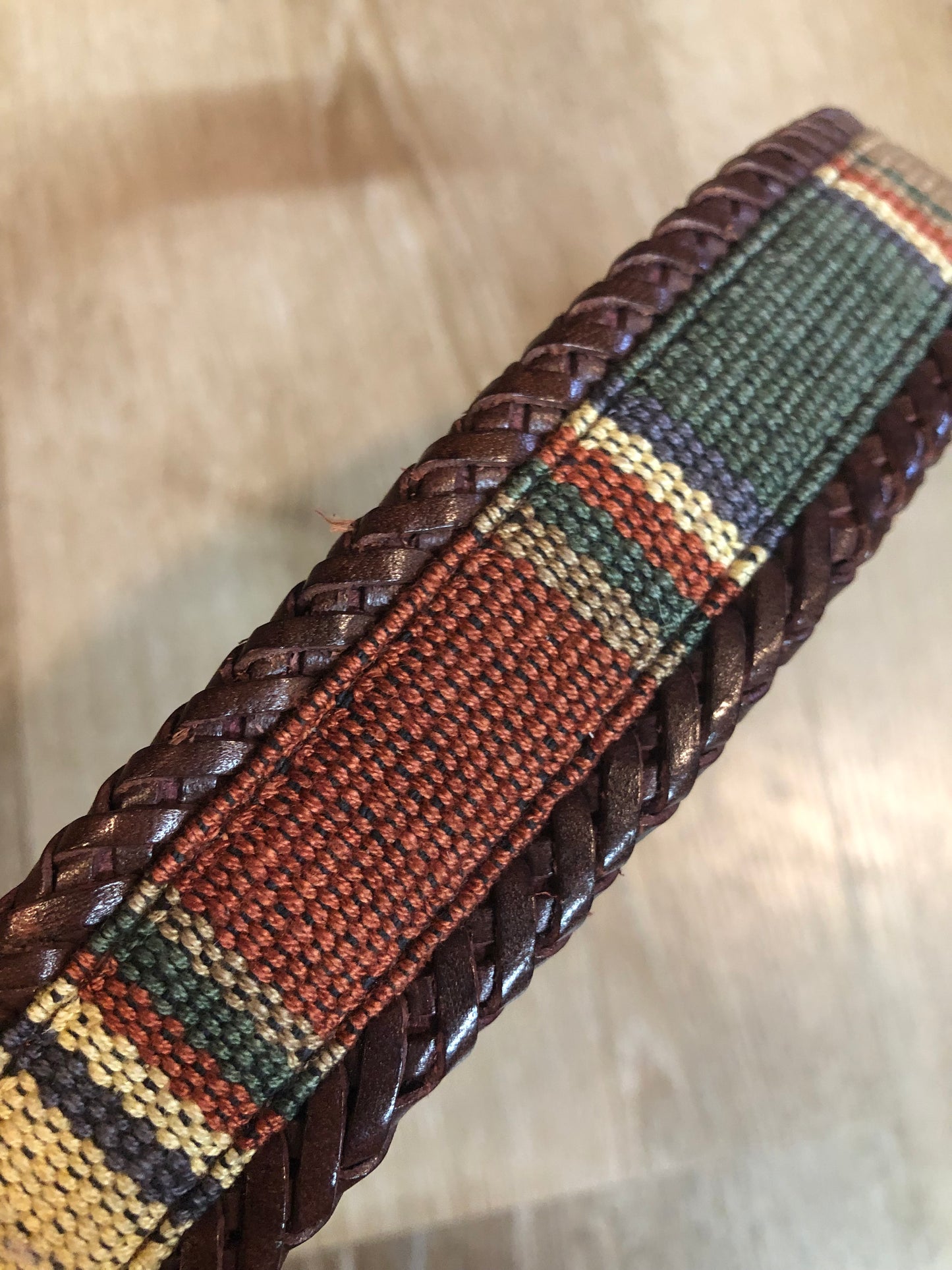 Kingspier Vintage - Vintage Leather Belt with colourful woven detail, leather stitching and silver buckle.