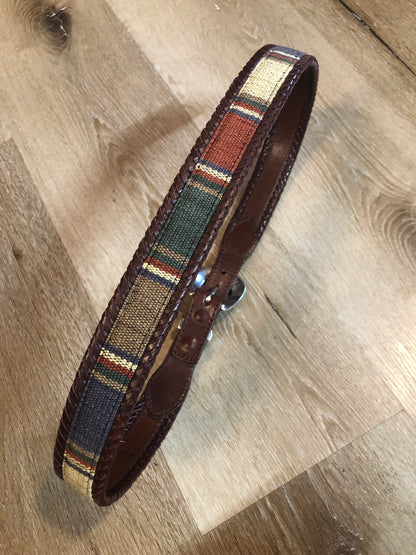 Kingspier Vintage - Vintage Leather Belt with colourful woven detail, leather stitching and silver buckle.