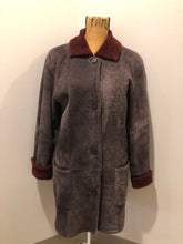 Load image into Gallery viewer, Kingspier Vintage - Dominic Bellissimo distressed dark brown coat with Oxblood colour shearling trim and lining, button closures and patch pockets.
