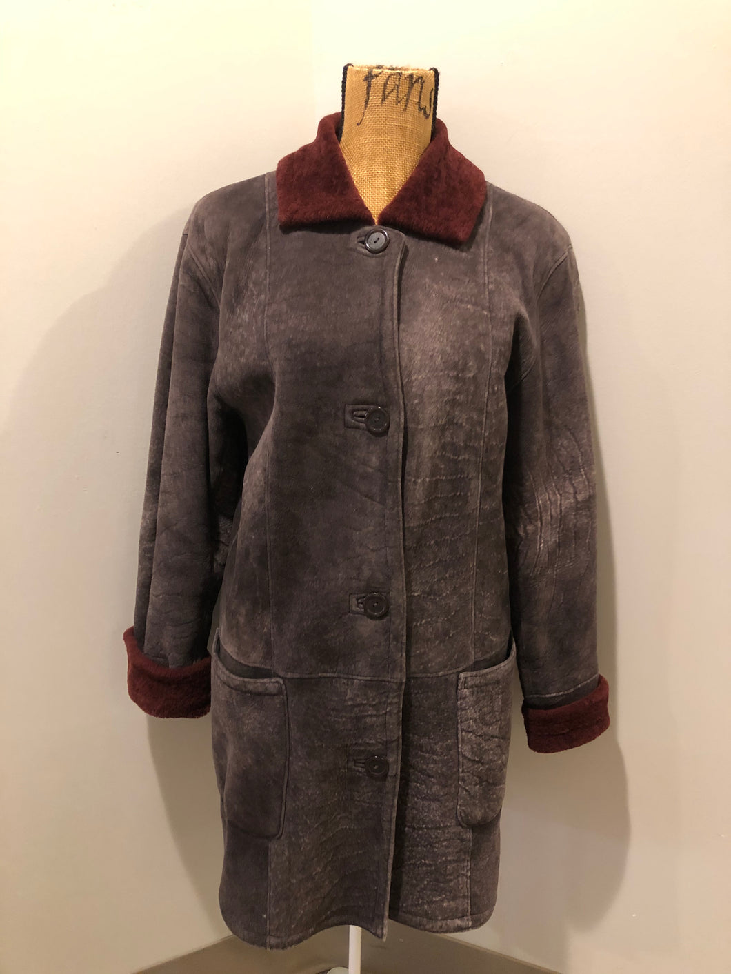 Kingspier Vintage - Dominic Bellissimo distressed dark brown coat with Oxblood colour shearling trim and lining, button closures and patch pockets.
