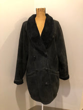 Load image into Gallery viewer, Kingspier Vintage - Danier black suede coat with shearling trim and lining, shawl collar, button closures and pockets. Made in Canada. Size medium.
