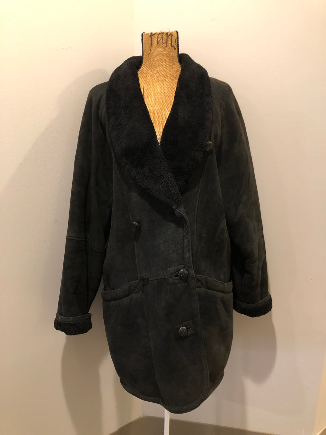 Kingspier Vintage - Danier black suede coat with shearling trim and lining, shawl collar, button closures and pockets. Made in Canada. Size medium.