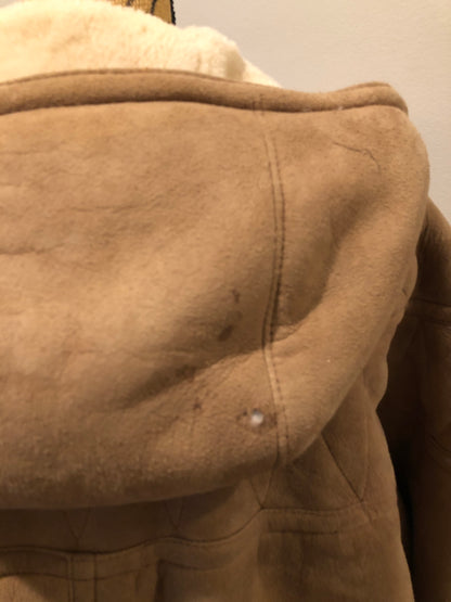 Kingspier Vintage - Hide Society light brown suede coat with shearling lining, hood, inside drawstring, button closures and slash pockets.