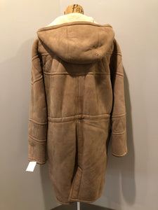 Kingspier Vintage - Hide Society light brown suede coat with shearling lining, hood, inside drawstring, button closures and slash pockets.