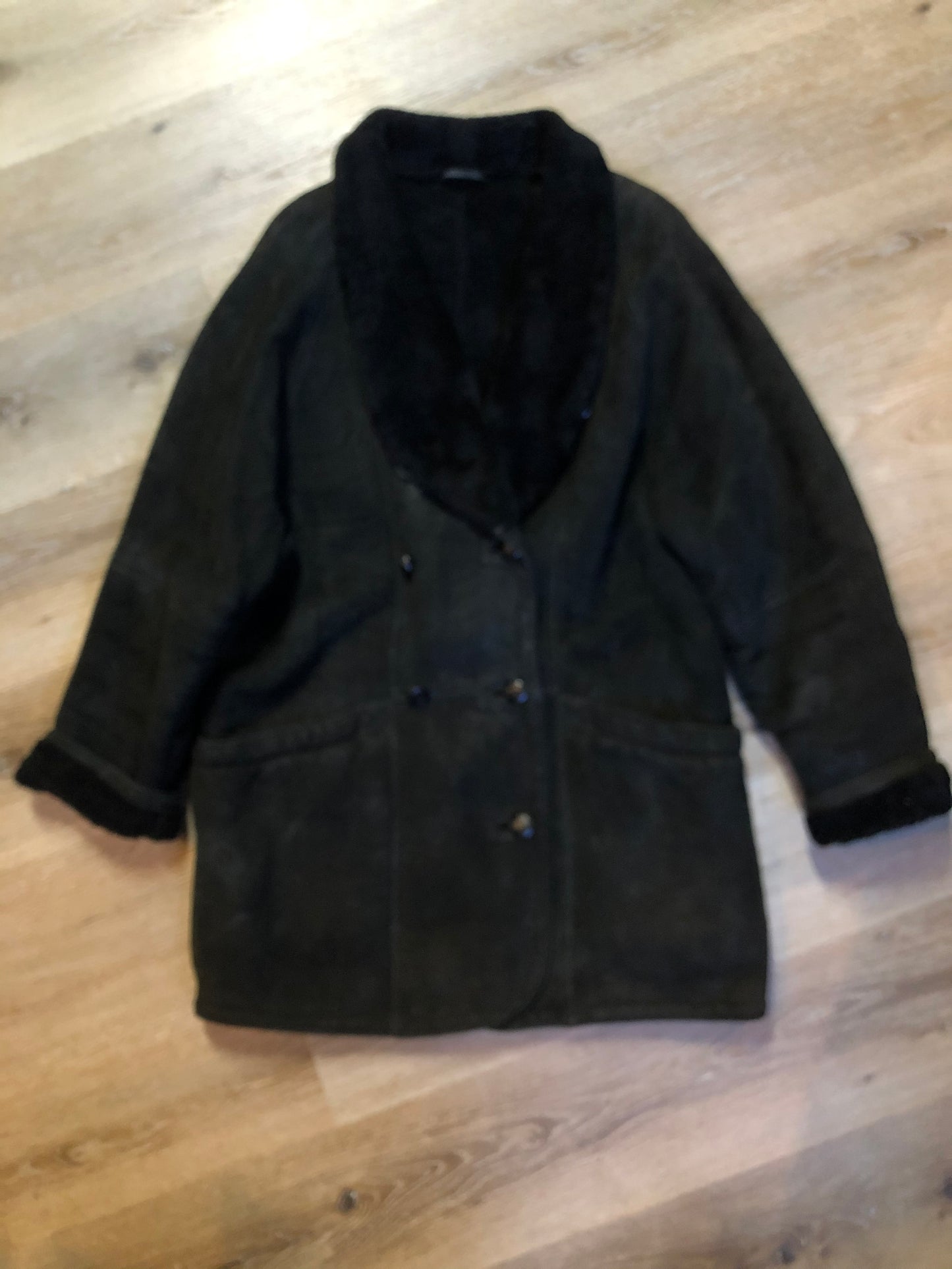 Kingspier Vintage - Danier black suede coat with shearling trim and lining, shawl collar, button closures and pockets. Made in Canada. Size medium.