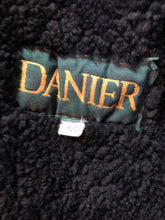 Load image into Gallery viewer, Kingspier Vintage - Danier black suede coat with shearling trim and lining, shawl collar, button closures and pockets. Made in Canada. Size medium.
