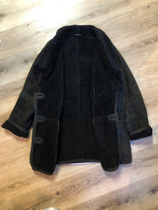 Kingspier Vintage - Danier black suede coat with shearling trim and lining, shawl collar, button closures and pockets. Made in Canada. Size medium.