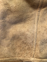 Load image into Gallery viewer, Kingspier Vintage - Hide Society light brown suede coat with shearling lining, hood, inside drawstring, button closures and slash pockets.
