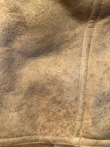 Kingspier Vintage - Hide Society light brown suede coat with shearling lining, hood, inside drawstring, button closures and slash pockets.