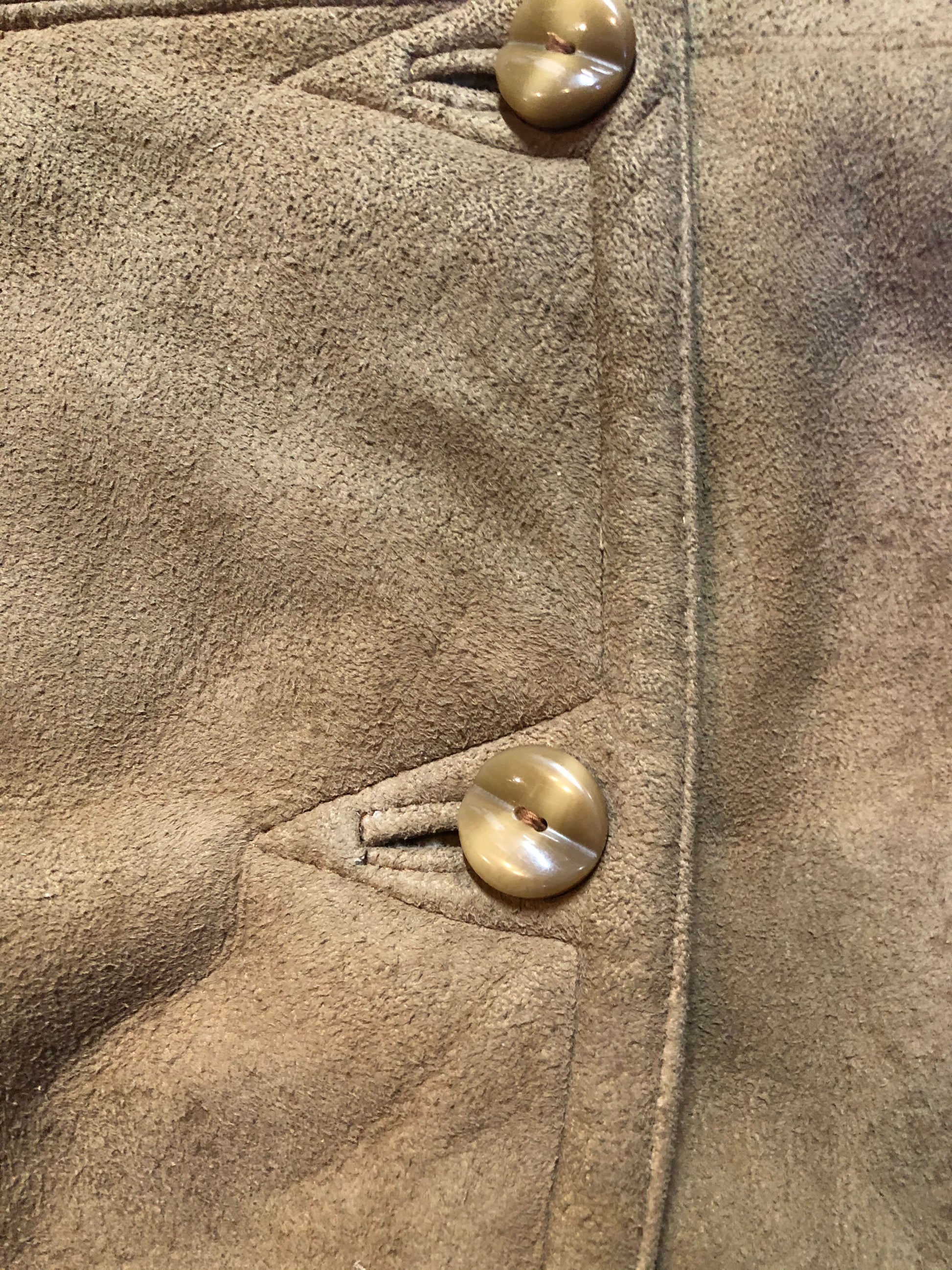 Kingspier Vintage - Hide Society light brown suede coat with shearling lining, hood, inside drawstring, button closures and slash pockets.