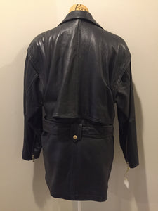 Kingspier Vintage - March New York black lambskin leather jacket with gold zipper, zip slash pockets, belt and storm flap in the back. Leather is buttery soft. Size XS.