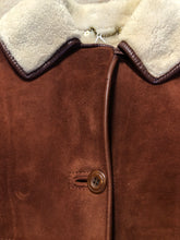 Load image into Gallery viewer, Kingspier Vintage - Antartex rust coloured suede sheepskin coat with shearling trim and lining, button closures and patch pockets. Made in Scotland. Size 10.
