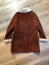 Load image into Gallery viewer, Kingspier Vintage - Antartex rust coloured suede sheepskin coat with shearling trim and lining, button closures and patch pockets. Made in Scotland. Size 10.
