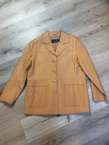 Kingspier Vintage - Jerry Lewis tan leather jacket with button closures and patch pockets. Size medium.