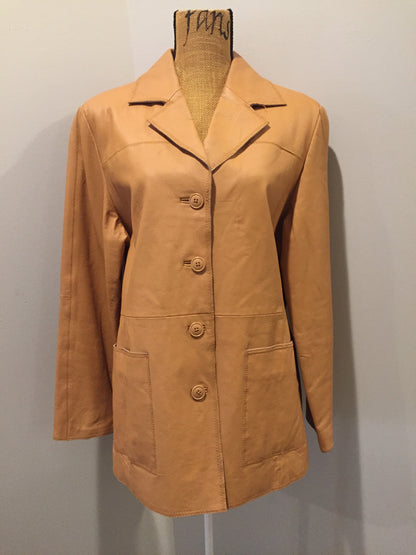 Kingspier Vintage - Jerry Lewis tan leather jacket with button closures and patch pockets. Size medium.